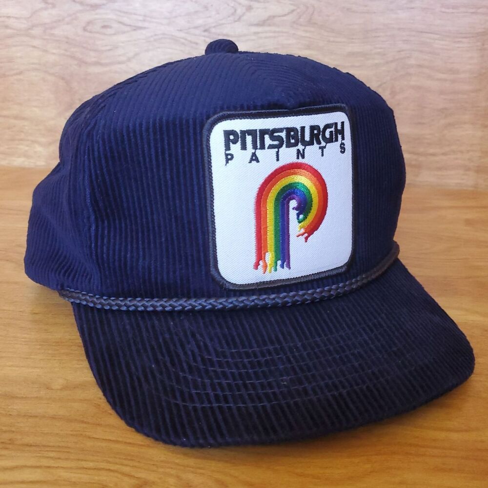 Pittsburgh Paints Corduroy Rope Hat Blue Snapback Trucker Retro Rainbow Logo